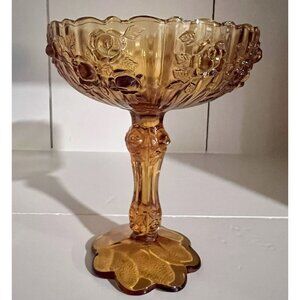 Vintage Fenton Cabbage Rose, Amber Glass Footed Compote‎ Candy Dish